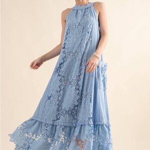 Just Me Powder Blue Floral Eyelet Maxi Dress